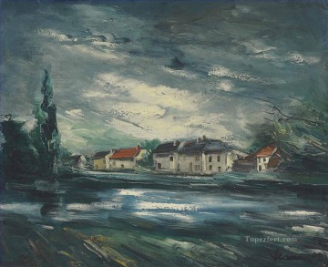 150の主題の芸術作品 Painting - モーリス・ド・ヴラマンク川沿いの村の風景